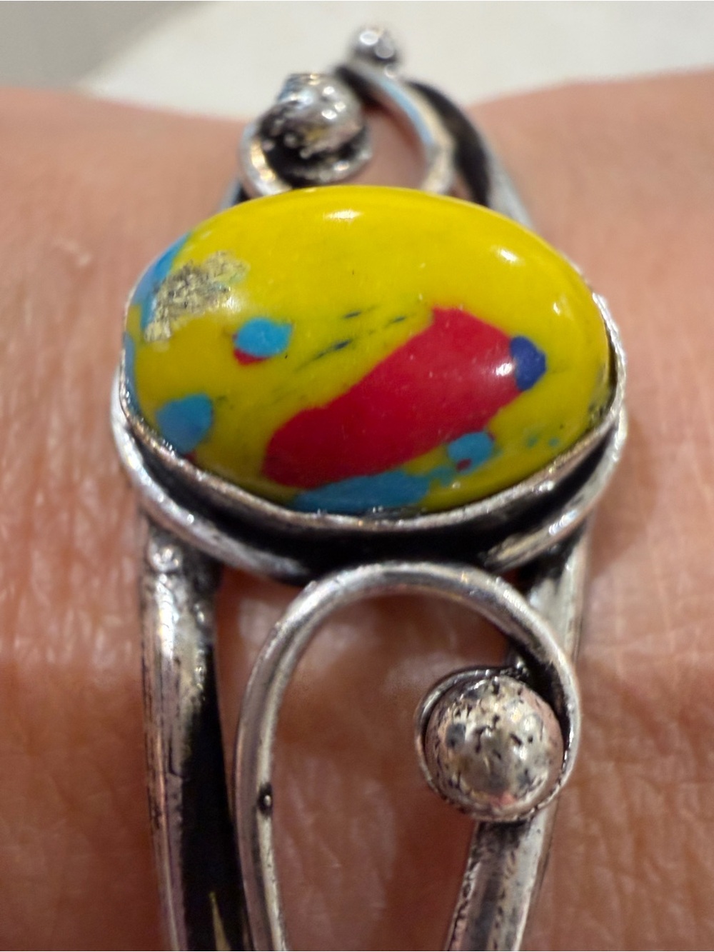 925 Sterling Silver Mosaic Jasper Cuff Bracelet 10.7g Bono Statement